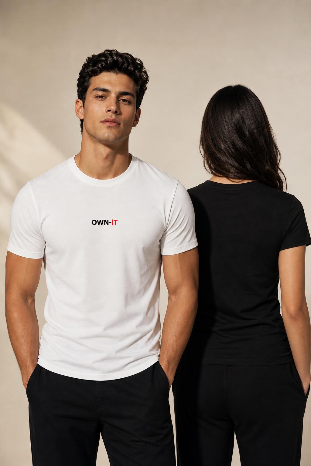 Two models wearing OWN-iT t-shirts